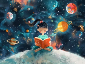 儿童画，小女孩读书，科技飞速发展，宇宙在头上方，读书引领新时代
