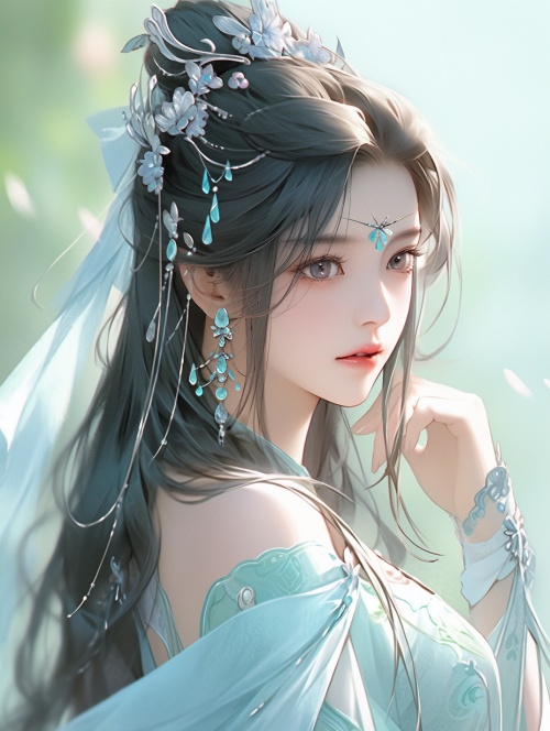 中国人，古代风格，一个穿着浅兰色古装衣服的漂亮女子，五官精致美丽，头戴少许发饰，精致，微笑，画面唯美，宛如仙境，超高清画质，极致细节，前视图。