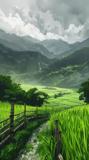 JBLACK山区的稻田。绿色稻田被木质围栏环绕,深绿色的草在灰暗的天空下轻轻摇曳。前方是无垠的充满活力的绿野,而遥远的山峰在暴风雨天气的背景下巍然耸立。这幅场景捕捉了大自然的最纯粹之美,为观众呈现了一幅令人陶醉的壮观景象。这幅画以Gですから Loop的风格描绘了风景和美丽的云朵。