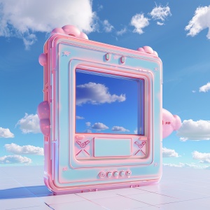 The main body of the screen is in the shape of Tmall, with a hollow square in the middle and some game buttons in the front. The background is a blue sky decorated with clouds, and the overall color tone leans towards an active atmosphere. The colors are bright, with sufficient lighting, blue sky and white clouds, high quality, c4d, OC renderer, 8k, ultra-high definition image quality, 3D modeling, and super details