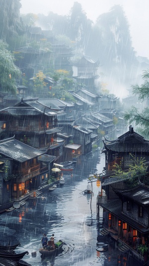 江南小镇，烟雨迷弥，一边是古老的房子，一边是无尽的大江，江水波涛翻湧不息。