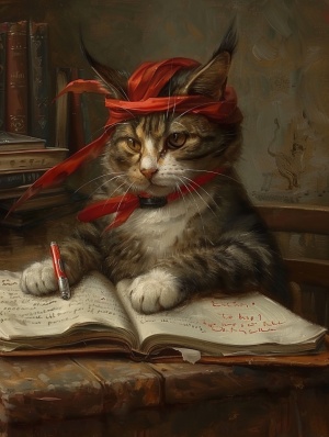 一只猫，坐在书桌上前写作业，头上绑着一条红丝带，丝带上写着[金榜题名]字样