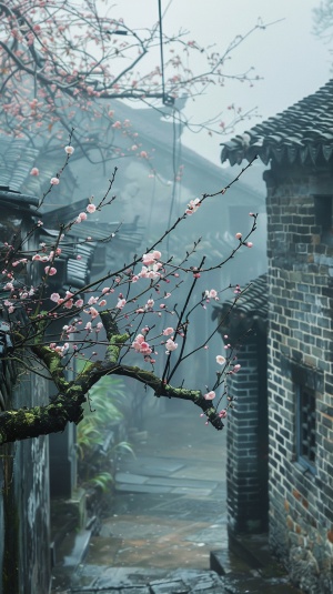 spring, rain, jiangnan ancient town, ancient brick houses, apricot blossoms open, misty rain, silence, sadness, beautiful pictures, high definition image quality, real shooting effect