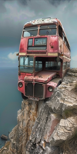 悬崖峭壁上停着一辆破旧的双层巴士。