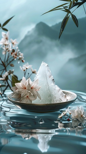 prompt: A triangular white jade ice zongzi with flowers and leaves on the side, placed in an outdoor bowl, with water ripples and reflections of blue mountains in the background, in the style of surrealism, still life photography, soft lighting,dreamy atmosphere, exquisite details, high resolution. The design is inspired by ancient Chinese architecture, featuring elements such as gauze, bamboo forests, cherry blossoms, lotus or other natural scenery. It creates a beautiful scene