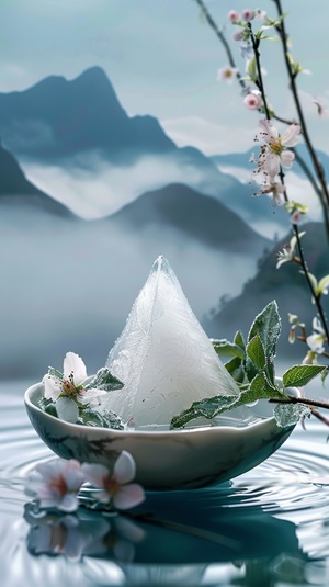 prompt: A triangular white jade ice zongzi with flowers and leaves on the side, placed in an outdoor bowl, with water ripples and reflections of blue mountains in the background, in the style of surrealism, still life photography, soft lighting,dreamy atmosphere, exquisite details, high resolution. The design is inspired by ancient Chinese architecture, featuring elements such as gauze, bamboo forests, cherry blossoms, lotus or other natural scenery. It creates a beautiful scene