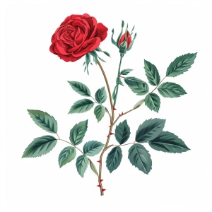 独枝红色带有绿叶的玫瑰花卉 白底 插画风格