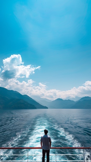 一半画面一个男人站在游轮上，行驶在海面上，远处有山天空蓝天白云，