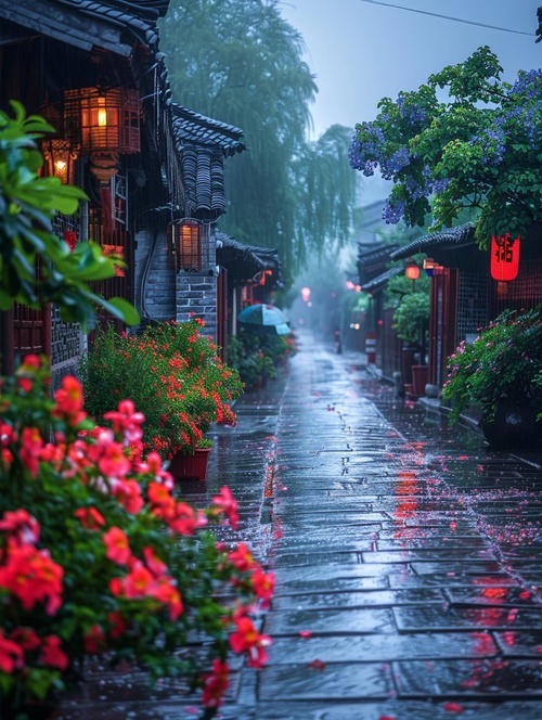 江南古镇，下起了大雨，青石板路，两边的道路长满了鲜花，五颜六色，非常漂亮，安静，超清画质，超高清晰度，超高分辨率，16k ar 9:16