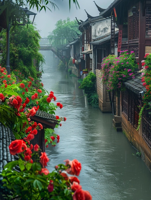 江南古镇，下起了大雨，一条长河，河边长满了鲜花，五颜六色，非常漂亮，安静，超清画质，超高清晰度，超高分辨率，16k ar 9:16