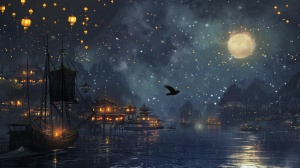 夜晚燕子飞过河面看见船桅上挂满无数灯笼