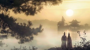 清晨的西湖被一层薄雾笼罩，远处的净慈寺若隐若现。杨万里与友人林子方并肩而立，站在湖边，准备送别。