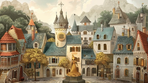 一个欧洲童话小镇中央有一座金色的小王子雕塑