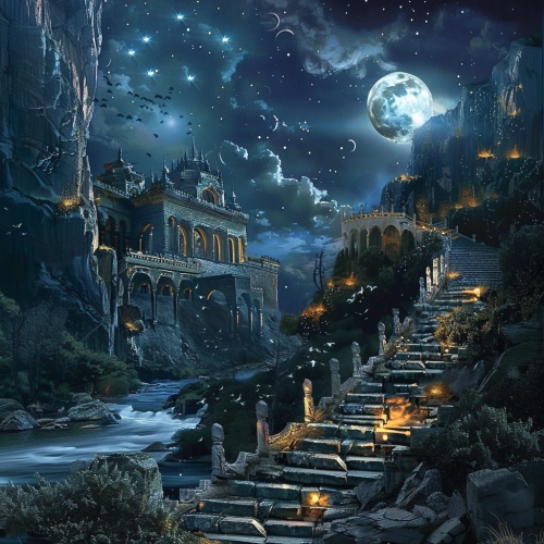 月光熠熠，星星在夜空中闪烁，宫殿在夜中异常美丽，周围有这高山流水，有石梯通往宫殿，画面高清，灵动，古风，仙气，