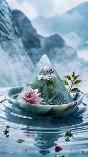 一个三角形的翠玉冰粽子，侧面有花和叶子, 放在室外的碗里, 背景是水的涟漪和蓝山的倒影, 以超现实主义的风格, 静物摄影, 柔和的灯光, 梦幻的气氛, 精致的细节, 高分辨率。这个设计的灵感来自于中国古代建筑, 以纱布等元素为特色, 竹林, 樱花, 荷花或其他自然风光。它创造了一个美丽的场景