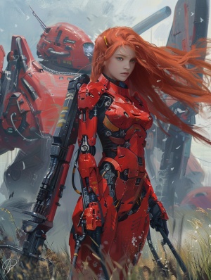 漂亮女孩，穿着红色机甲战服，红色长头发，手里有武器，站在巨大的机甲前。