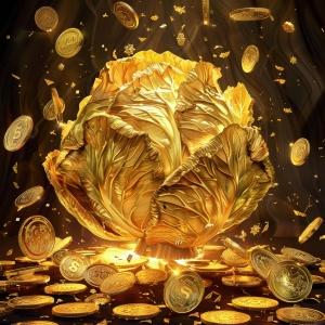 画一大颗纯金的大白菜，金光闪闪周围飘落着金币，金沙金箔