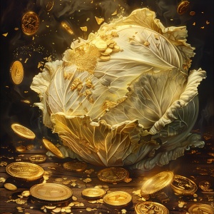 画一大颗纯金的大白菜，金光闪闪周围飘落着金币，金沙金箔