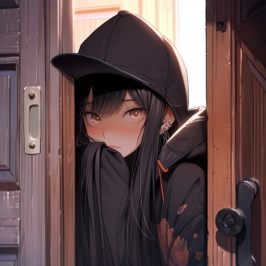 一个神秘的女孩，头戴黑色遮沿帽，头微往下倾，斜倚在门框上，向屋内看