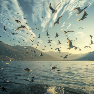 many birds flew over the water and mountains, in the style of documentary-style, 32k uhd, samyang 14mm f2.8 if ed umc aspherical, seaside vistas, captivating documentary photos