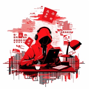 单层 中国剪纸 关于程序员在打字为主题 夸张 镂空 红色 矢量剪影