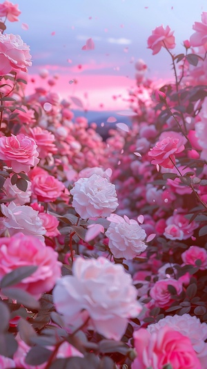 In the evening, real scene shooting 1000 beautiful and romantic pink and white roses glow, beautiful flowers are clearly visible, white and red flowers, fluffy and soft petals, on both sides are many flowers, in the middle is falling luminous petals, sunset sky, far away is the city, refracting pink light, super realistic, super real, photography, magic, fantasy, clear, 8k, ureal, Shot in HD by Hayao Miyazaki. Hd, HD v 5