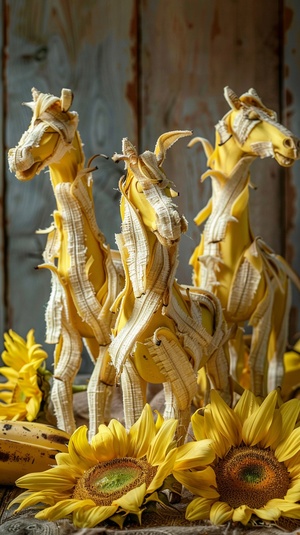 Horses made of banana peels, banana peel horses on the table, horse sculptures made from bananas, three horses made out of banana peals, sunny day with sunflowers, delicious food photography, award winning food magazine photo ar 13:24