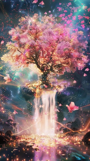 wealth tree, money waterfall, golden river, dreamy landscape,peach blossom gardenbackground, sparkling, shining brightly, Bright and colorful, dissolving and disappearing into particles, translucent fluorescent,Glow particle,Optical Flares ar 3:4