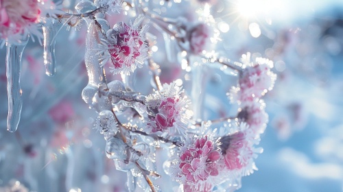 流星冰花，天空熠熠生辉，繁花似锦，冬雪，冰雕，绚烂多彩，暖系带着寒冷，照片画质