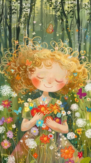 春天的森林里，一个女孩,头发是金色卷发,浅笑着捧着花,有蝴蝶,在花海里玩耍
