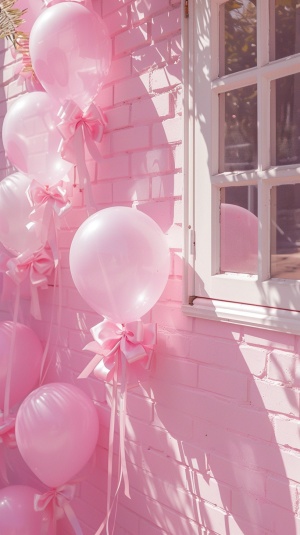 墙上有一个粉红色的蝴蝶结,装饰着柔和色调的气球,这是一栋动漫风格的房屋。这种风格属于柔和审美、可爱审美、韩国流行音乐（Kpop）审美。它受到韩剧启发的审美背景、审美氛围和审美装饰。具有高分辨率、高质量和高细节的专业摄影,锐利的焦点,电影感,柔和的光线,全身肖像,f24mm,富士胶片pro50。
