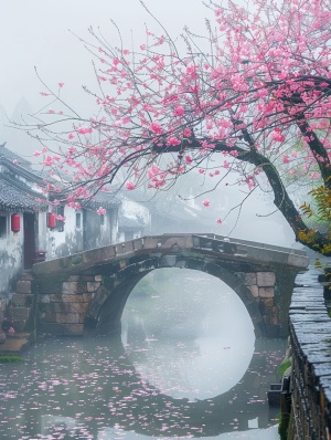 江南水乡，烟雨朦胧，小桥流水，桃花盛开