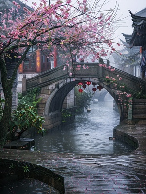 江南水乡，烟雨朦胧，小桥流水，桃花盛开