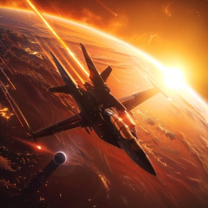 一架战斗机飞在星球旁，俺黑色的机身，橘黄色的线条装饰，炫彩的宇宙空间，背后是太阳，动态的角度，高质量，3:4图幅