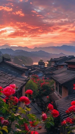 江南水乡风格的中国古镇，雨后，夕阳下的天空呈现出五彩缤纷的云朵，粉红色的天空和橘黄色的云朵笼罩，河前盛开的红玫瑰，画面明亮，清晰度高，细节精致。
