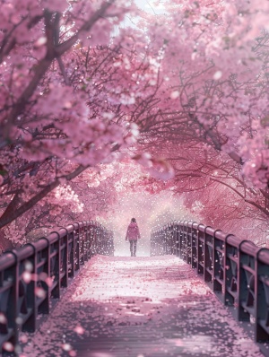 Pink cherry blossom trees cover the bridge, with petals falling all over it. A person is walking on an endless road of pink flowers, which creates a dreamy and romantic atmosphere. The entire scene exudes tranquility and beauty.photography