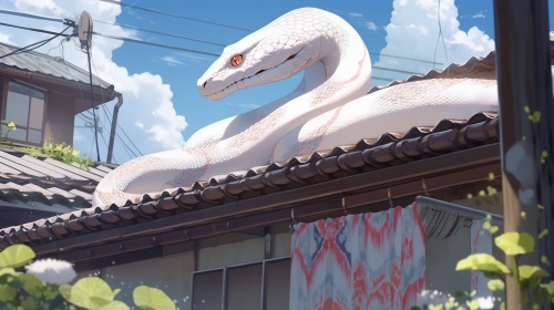 盘踞在屋顶的白色蟒蛇