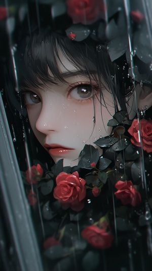 一个少女，黑色镜子，玫瑰花，水珠，黑案恐怖氛围感