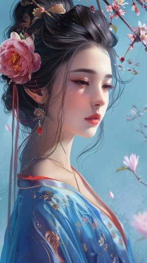 a woman with a flower in her hair and a blue background, a beautiful artwork illustration, beautiful digital artwork, beautiful gorgeous digital art, beautiful digital art, beautiful digital illustration, exquisite digital illustration, very beautiful digital art, palace ， a girl in hanfu, trending on cgstation, beautiful character painting, by Fan Qi, gorgeous digital art, digital art high quality v6.0