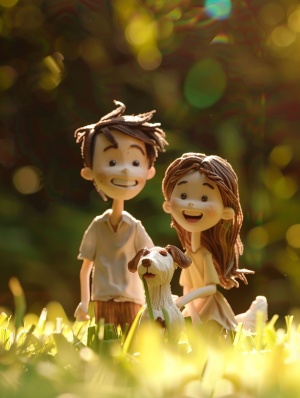 夏日草地上的年轻夫妇与可爱狗嬉戏