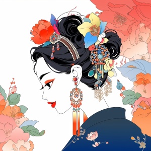 一个东方美女，戴着美丽的珠宝，中国古典主义人物，传统的中国元素发饰和耳环。一朵康乃馨花在左下角，背景留白，极简设计，姿态优美，多彩的迷幻漫画风格，现代、优雅、时尙、精致。-ar3:4 niji 6