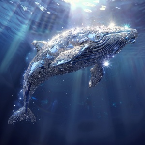 钻石做的鲸鱼，正在海面上，海面和空中都是比特币