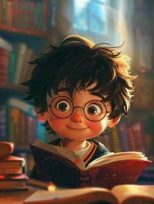 小男孩哈利波特 带着小眼镜 在魔法学院里边正在学习魔法 儿童绘本插画 可爱 高清