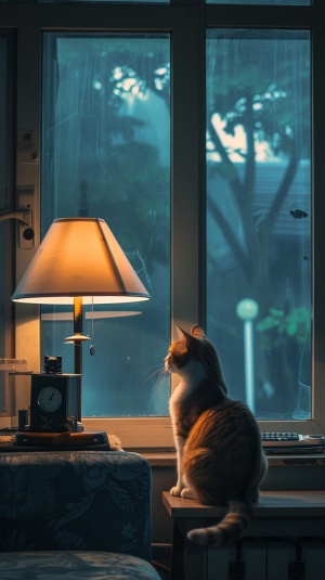 一只猫咪独自坐在沙发上望向窗外，窗外是阴郁的大都市风格，猫咪的前面有一个小书桌上面摆着台灯，，闹钟，烟缸，电影情感表达，延时摄影，夜间摄影的风格，阴暗 v 6