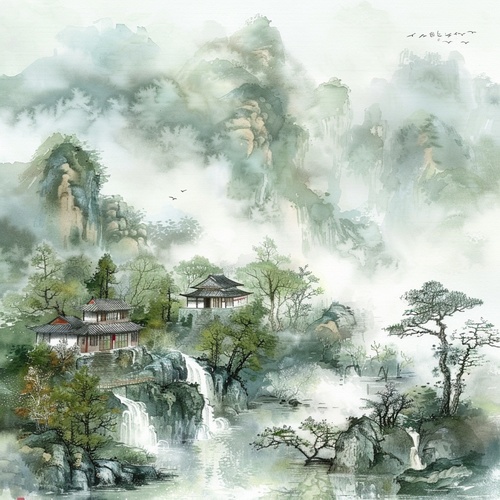 水彩画，江南风情，清新，绿色，唯美古风治愈系插画