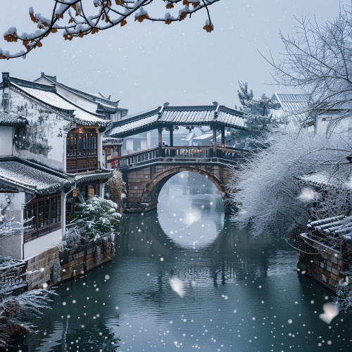 江南古镇，下起了大雪，小桥流水人家，非常漂亮诗意，安静，超清画质，超高清晰度，超高分辨率，16k ar 9:16