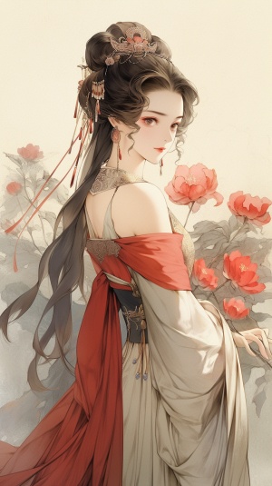 唐朝高阳公主，头戴大红牡丹花，身穿丝绸长裙，衬衫，雍容华贵，典雅大气，表情骄纵，体型丰满，上半身皮肤微微透出，