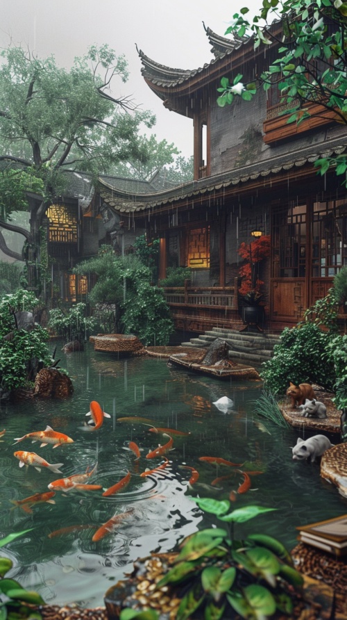 一个古代风格的小院，一个鱼池坐落在院子中间，旁边有小孩在喂鱼，小猫在旁边睡觉。天上下着小雨