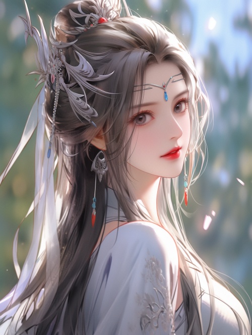 中国人，古代风格，一个穿着银灰色古装衣服的漂亮女子，五官精致美丽，头戴发饰，精致，微笑，画面唯美，宛如仙境，超高清画质，极致细节，