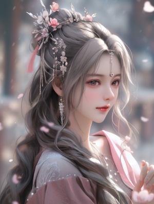 中国人，古代风格，一个穿着银灰色古装衣服的漂亮女子，五官精致美丽，头戴发饰，精致，微笑，画面唯美，宛如仙境，超高清画质，极致细节，